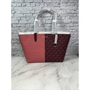 Michael Kors Jet Set Travel Medium Zip Top Tote Oxblood Multi MK Signature- NEW✅